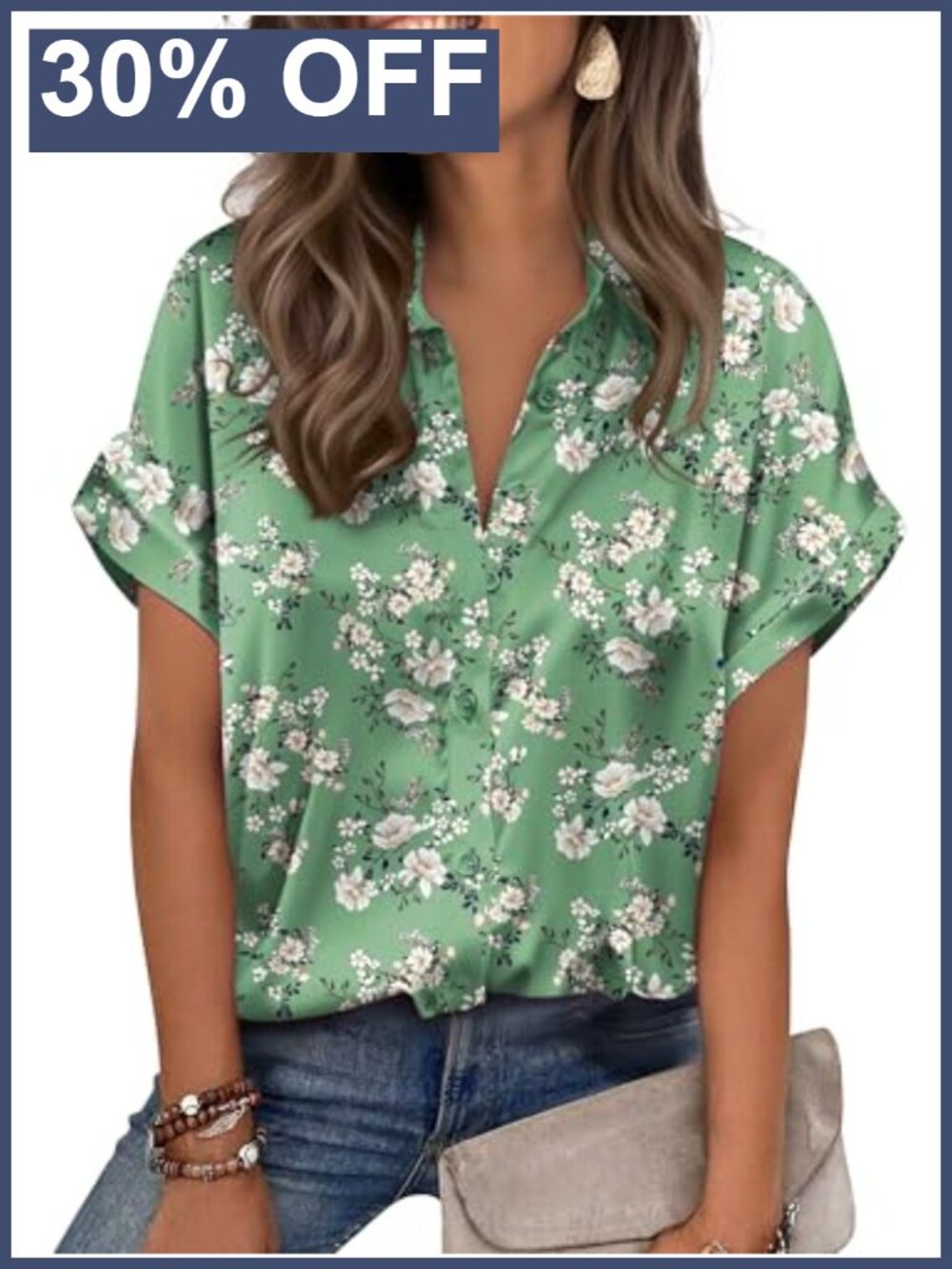 Satin Button-Down Blouse Short Sleeve V-Neck Top for Women